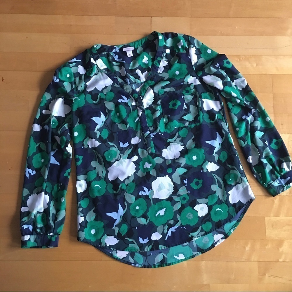 Merona Floral V-Neck Blouse, Green, Navy, White, Size M